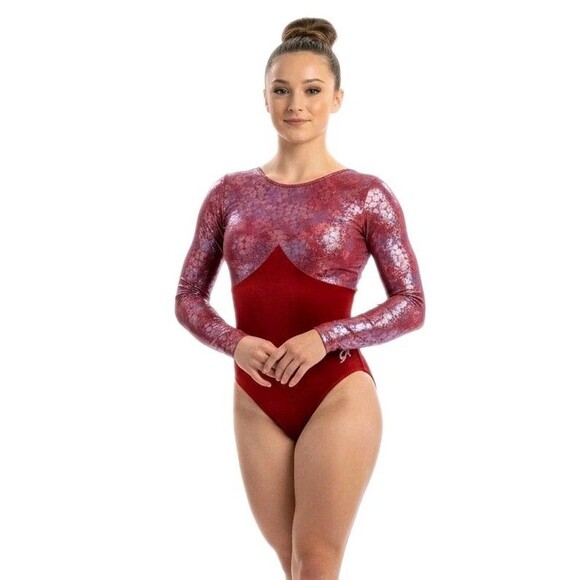 GK Tops - GK Elite VTG Red Velvet Floral Holographic LS Keyhole Leotard Size AM Adult M